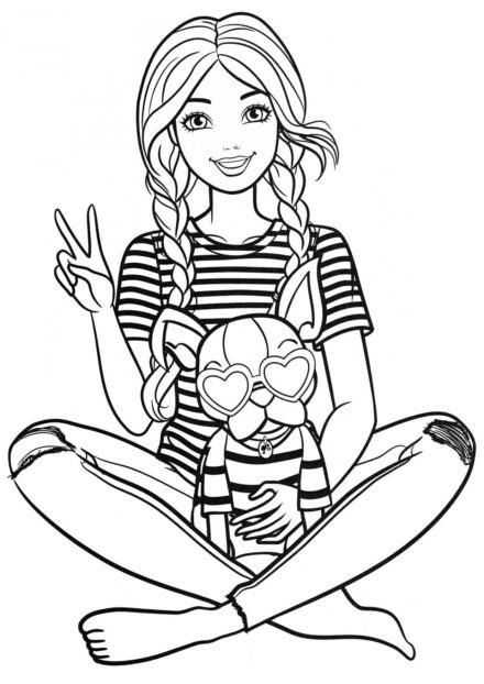 Barbie avec un chien en tops rayés Coloriage