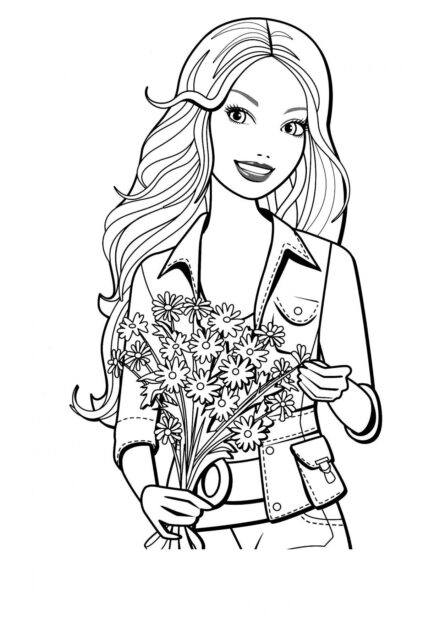 Barbie avec un bouquet de marguerites Coloriage