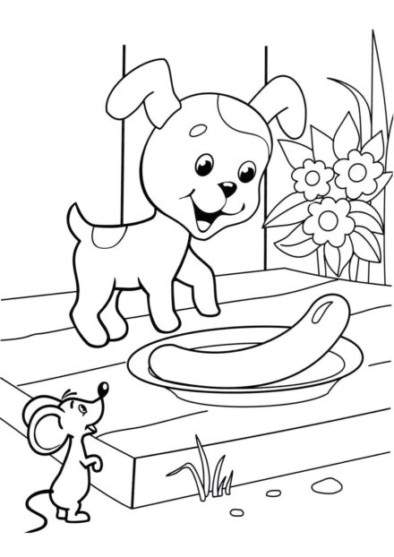 Page de Coloriage : Chiot et une Saucisse