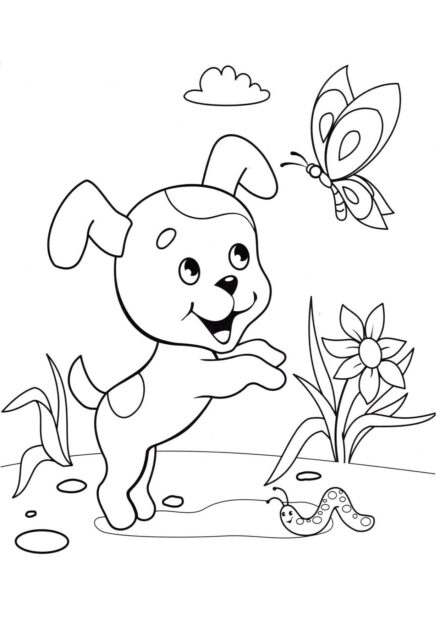 Page de Coloriage : Chiot Chassant des Papillons