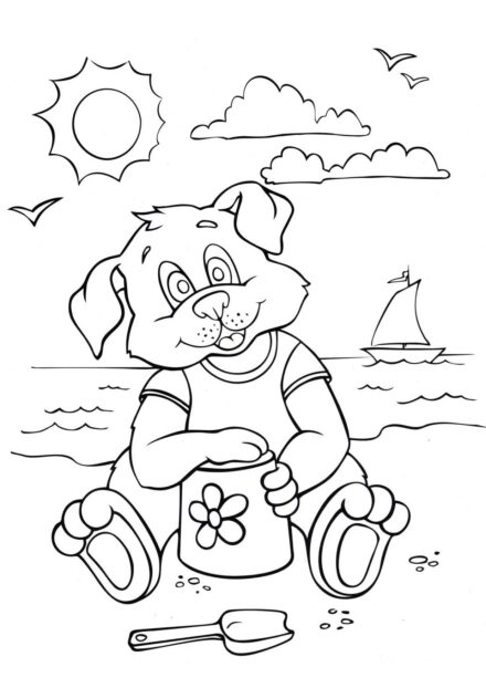 Page de Coloriage : Chien Jouant sur la Plage