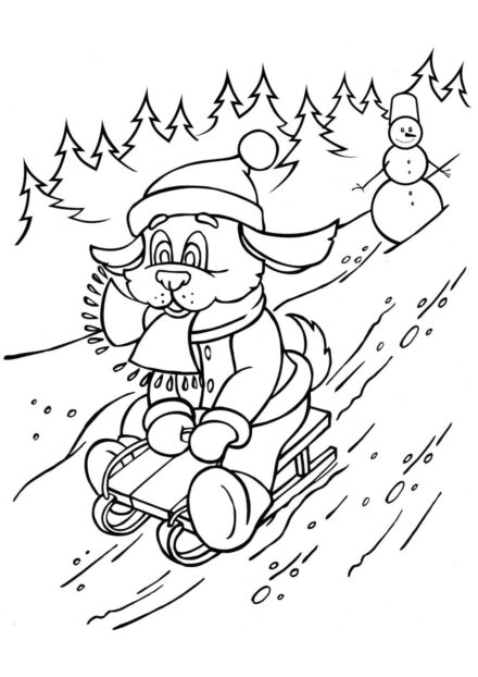 Page de Coloriage : Chiot en Train de Faire de la Luge