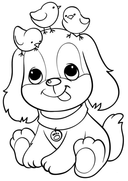 Page de Coloriage : Chiot et des Poussins