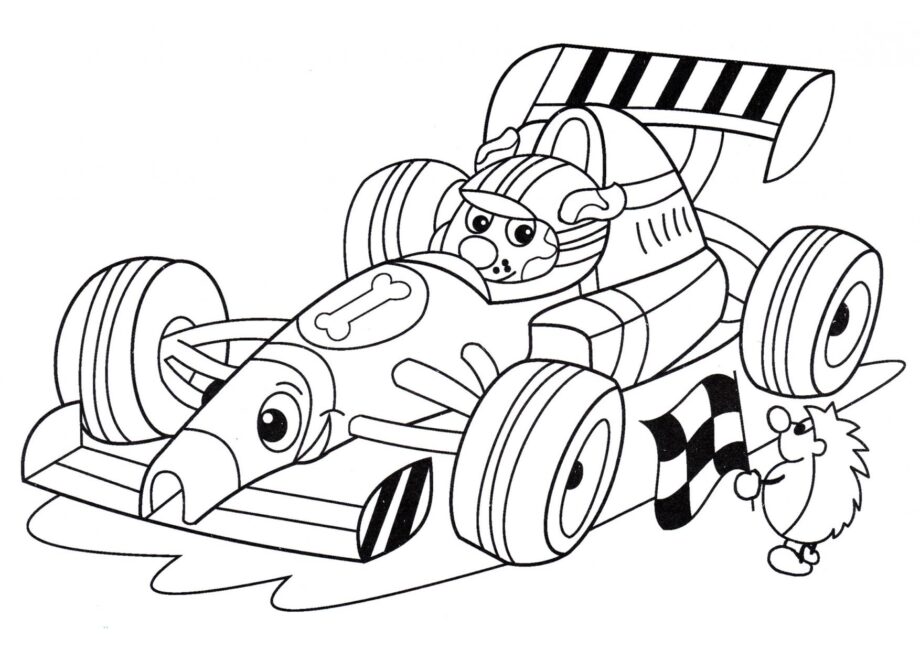 Page de Coloriage Chien Au Volant d'une Voiture de Course