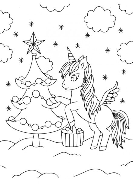 Coloriage : Licorne avec un Sapin de Noël