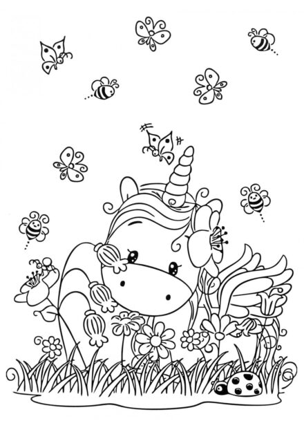 Coloriage : Petit Licorne dans un Pré