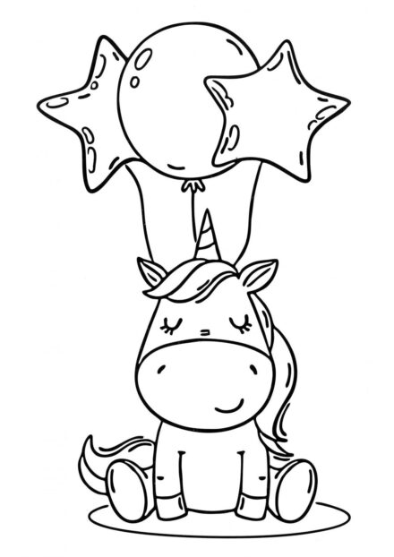 Coloriage : Petit Licorne avec des Ballons