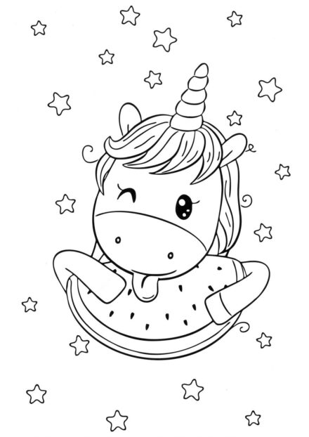 Coloriage : Petit Licorne avec une Pastèque