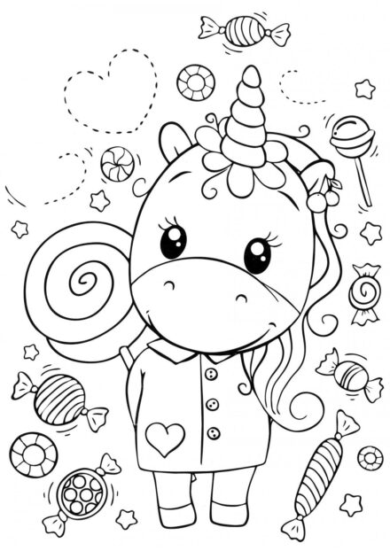 Coloriage : Licorne et une Montagne de Bonbons