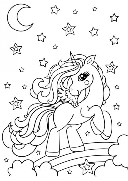 Coloriage : Petit Licorne Courant sur un Arc-en-Ciel