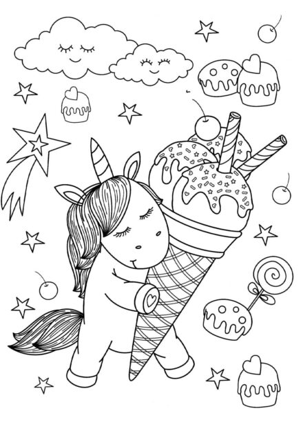 Coloriage : Petit Licorne avec une Glace