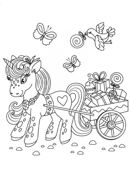 Coloriage : Licorne et Chariot Cadeaux