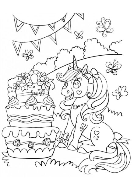 Coloriage : Licorne et Gâteau Géant