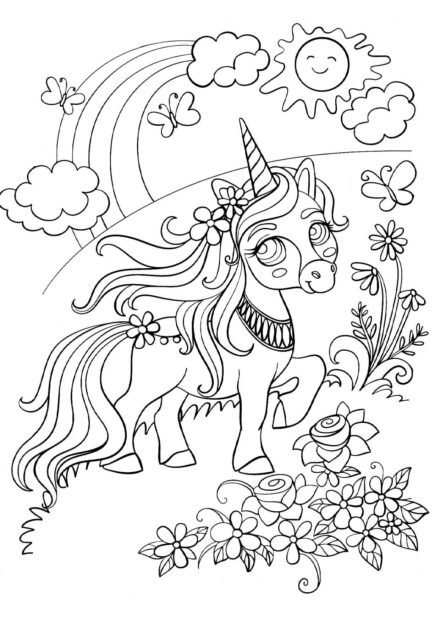 Coloriage : Petit Licorne dans une Clairière