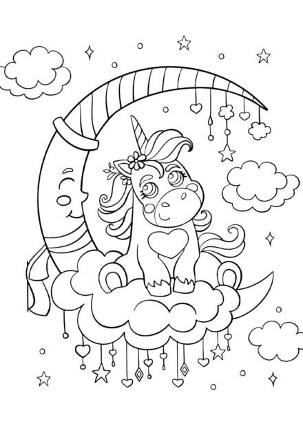 Coloriage : Petit Licorne sur la Lune