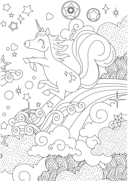 Coloriage : Licorne Galopant sur un Arc-en-Ciel