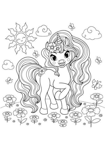 Coloriage : Petit Licorne dans un Jardin Fleuri