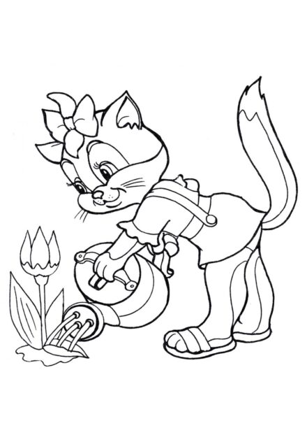 Coloriage : Chaton Arrosant des Fleurs