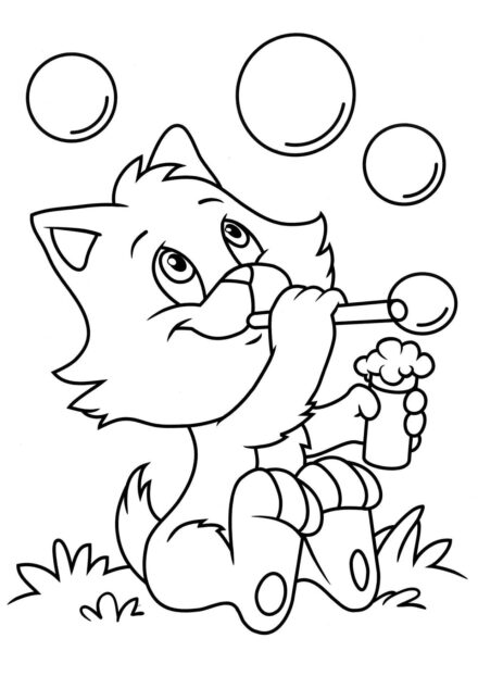 Coloriage : Chaton et Bulles de Savon