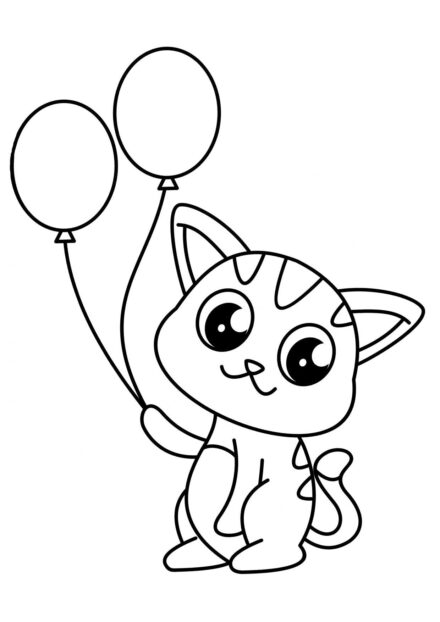 Coloriage : Chaton Tenant des Ballons