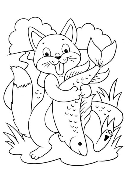 Coloriage : Chat Tenant un Brochet