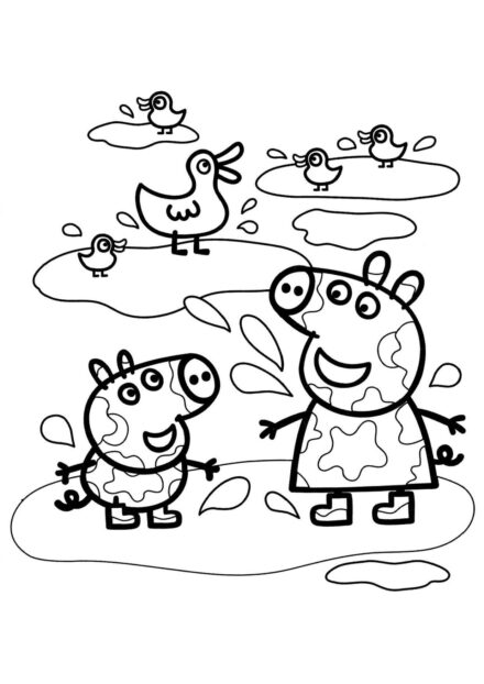 Page de Coloriage de Peppa et George dans une Flaque de Boue