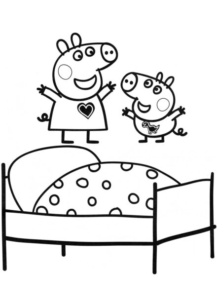 Page de Coloriage de Peppa et George Sautant sur le Lit