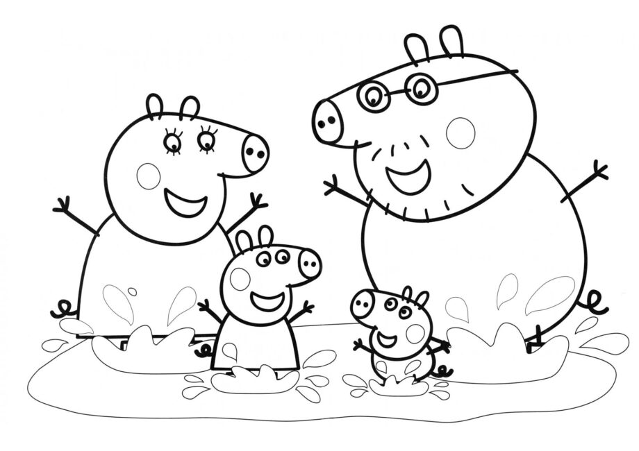 Page de Coloriage de la Famille de Peppa dans une Flaque de Boue