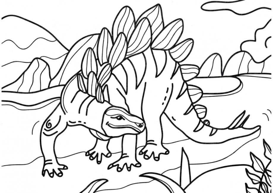 Page de Coloriage de Stegosaurus Cherchant de la Nourriture