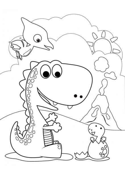 Page de Coloriage de Bébé Dinosaures près du Volcan