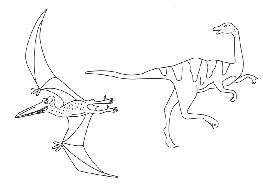 Page de Coloriage de Gallimimus et Ptérodactyle