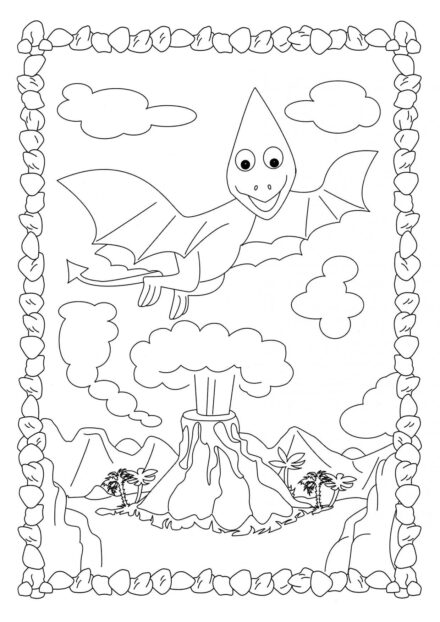 Page de Coloriage de Ptérodactyle Volant au-dessus d'un Volcan