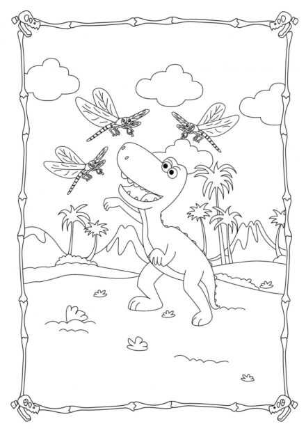 Page de Coloriage de Dinosaure Jouant avec des Libellules