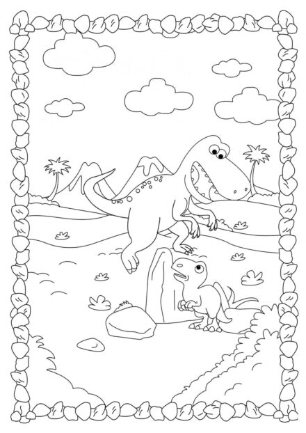 Page de Coloriage de Tyrannosaure avec un Poussin