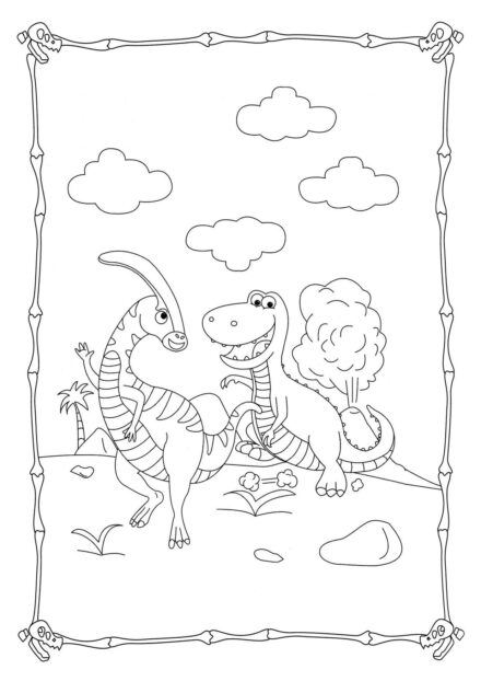 Page de Coloriage de Parasaurolophus Échappant au Tyrannosaure